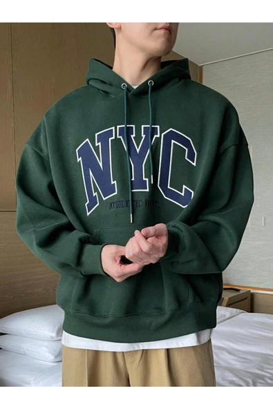 Erkek Siyah Nyc Baskılı Oversize Kapşonlu Sweatshirt - 11