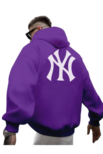 Erkek Ön Arka NY Baskılı Kapüşonlu Sweatshirt - Resim 3