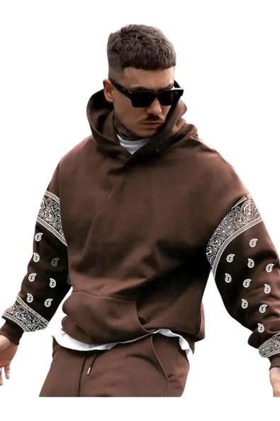 Erkek Kahverengi Kol Desenli Oversize Kapşonlu Sweatshirt