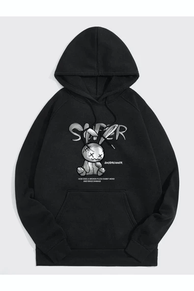 Tavşan Baskılı Oversize Kapüşonlu Sweatshirt - 7