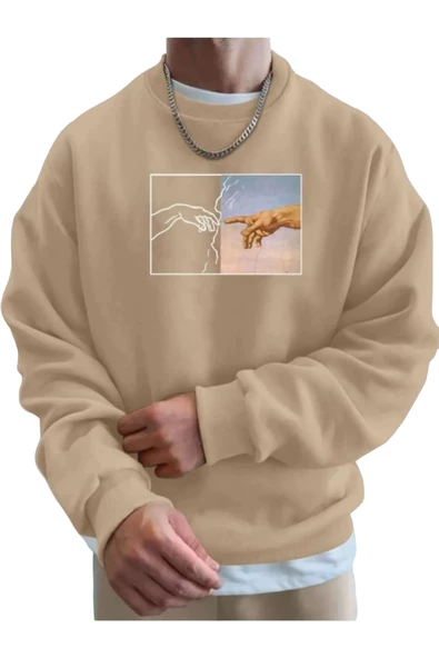 Erkek El Baskı Bisiklet Yaka Sweatshirt