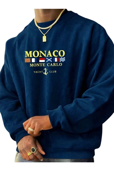 Erkek Petrol Mavi Monaco Baskılı Bisiklet Yaka Sweatshirt