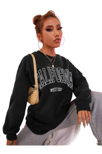 Unisex Siyah California West Baskılı Bisiklet Yaka Oversize Sweatshirt - 2