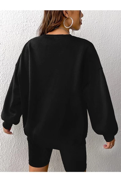 Unisex Siyah Brooklyn Baskılı Bisiklet Yaka Oversize Sweatshirt - 3