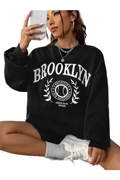 Unisex Siyah Brooklyn Baskılı Bisiklet Yaka Oversize Sweatshirt