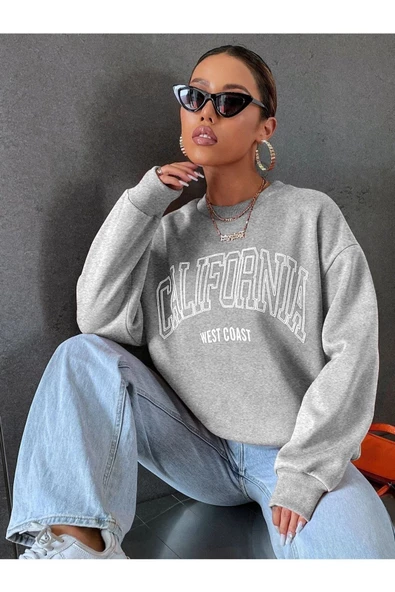 Unisex Siyah California West Baskılı Bisiklet Yaka Oversize Sweatshirt - 5