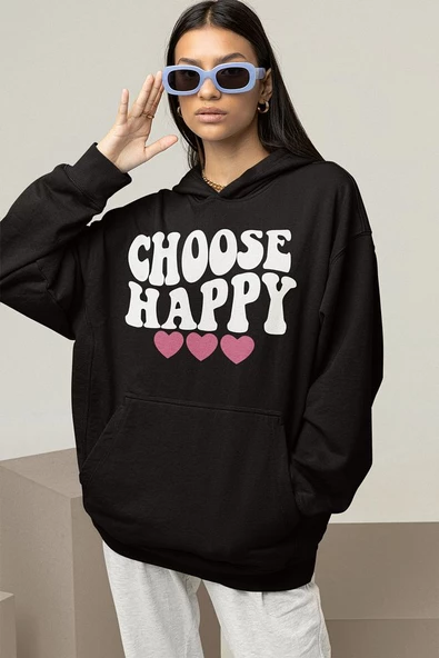 Choose Happy Yazılı Unisex Oversize Hoodie