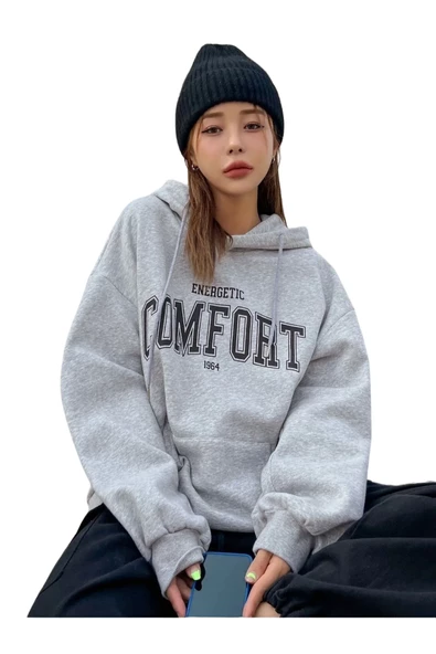 Unisex Gri Comfort Baskılı Oversize Kapşonlu Sweatshirt