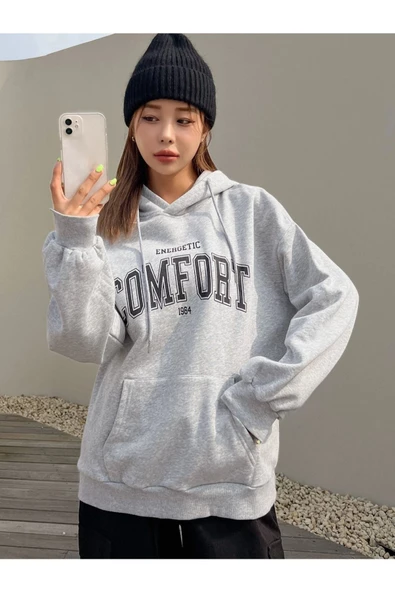 Unisex Gri Comfort Baskılı Oversize Kapşonlu Sweatshirt - 4