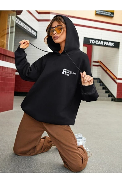 Unisex Effect Baskılı Oversize Kapşonlu Sweatshirt - 8