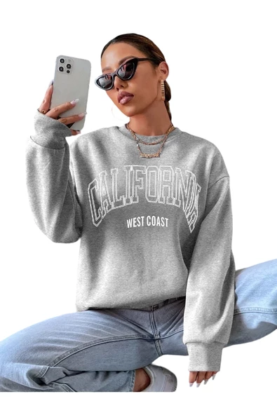 Unisex Siyah California West Baskılı Bisiklet Yaka Oversize Sweatshirt