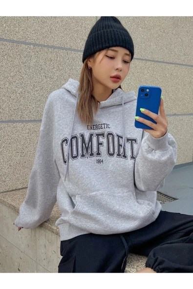 Unisex Gri Comfort Baskılı Oversize Kapşonlu Sweatshirt - 3