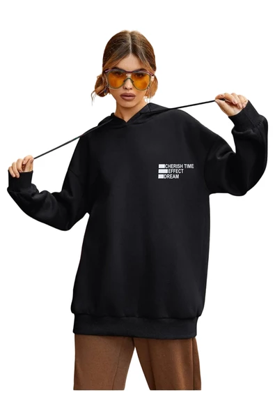 Unisex Effect Baskılı Oversize Kapşonlu Sweatshirt - 3