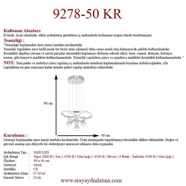 Eray Aydınlatma 9278-50 KR 4 Toplu Krom Led Avize - 4