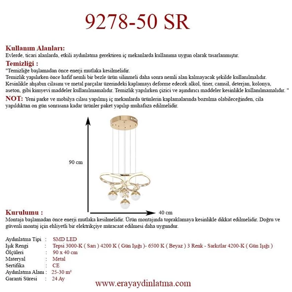 Eray Aydınlatma 9278-50 SR 4 Toplu Gold Led Avize - 4