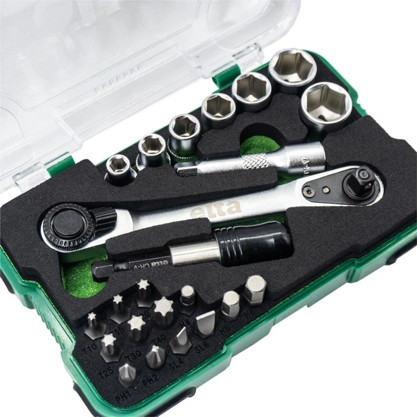 Elta 1/4" Altıköşe Cırcırlı Lokma Anahtar ve Bits Uç Seti 23 Parça - 4