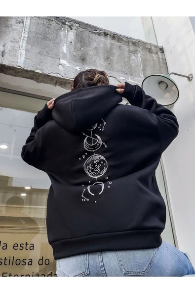 Unisex Siyah Galaksi Baskılı Oversize Kapşonlu Sweatshirt - 2