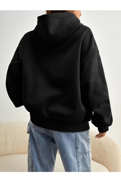 Unisex Siyah Malibu Baskılı Kapşonlu Oversize Sweatshirt - 2