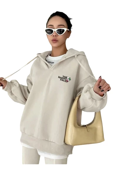 Unisex Happy Baskılı Oversize Kapüşonlu Sweatshirt