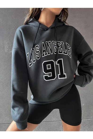 Unisex Los Angeles 91 Baskılı Oversize Kapşonlu Sweatshirt - 11