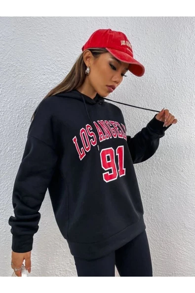 Unisex Los Angeles 91 Baskılı Oversize Kapşonlu Sweatshirt - 10