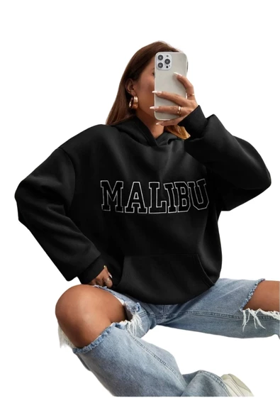 Unisex Siyah Malibu Baskılı Kapşonlu Oversize Sweatshirt