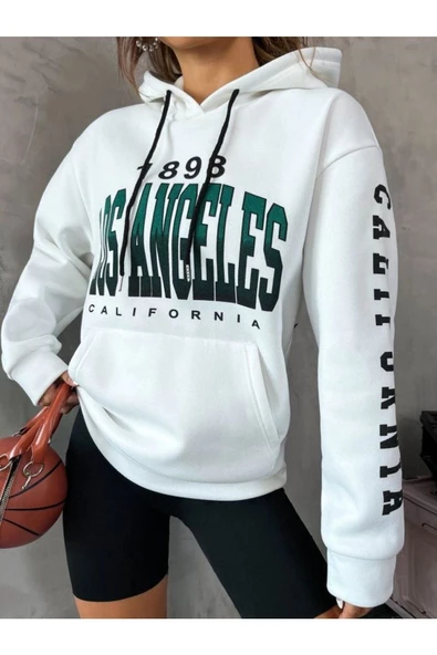 Unisex Beyaz Los Angeles Kol Baskılı Kapşonlu Oversize Sweatshirt - 3