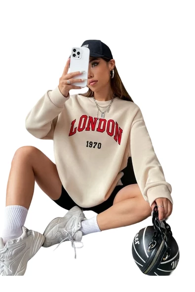 Unisex Bej London Baskılı Bisiklet Yaka Oversize Sweatshirt