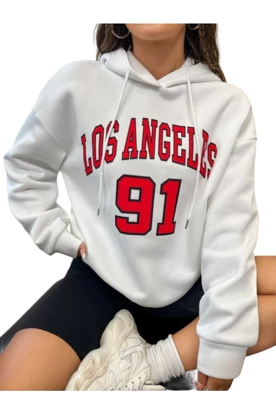 Unisex Los Angeles 91 Baskılı Oversize Kapşonlu Sweatshirt - 2