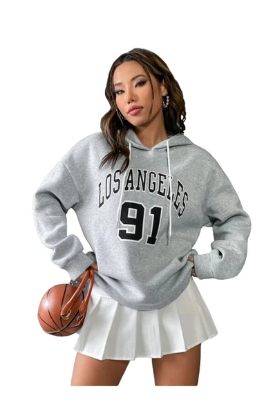 Unisex Los Angeles 91 Baskılı Oversize Kapşonlu Sweatshirt