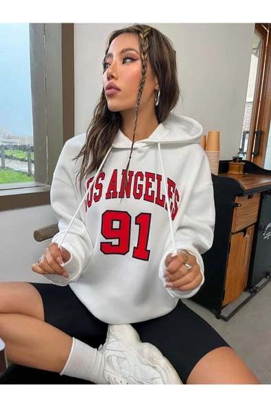Unisex Los Angeles 91 Baskılı Oversize Kapşonlu Sweatshirt - 8