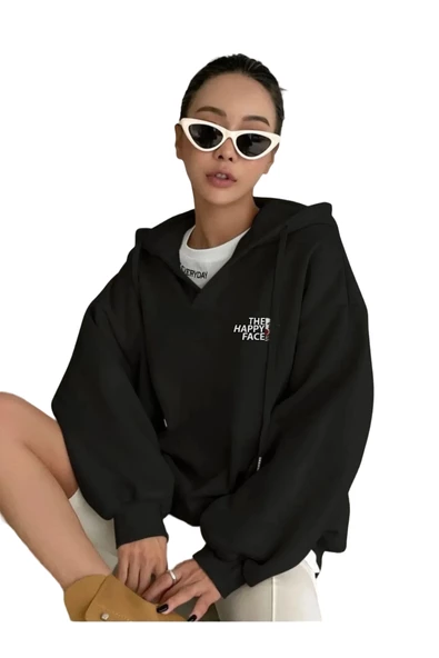 Unisex Happy Baskılı Oversize Kapüşonlu Sweatshirt - 2