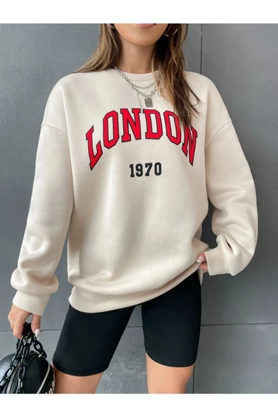 Unisex Bej London Baskılı Bisiklet Yaka Oversize Sweatshirt - 2