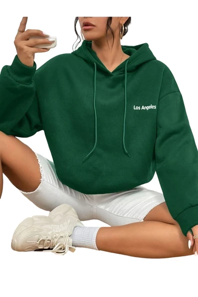 Unisex Los Angeles Baskılı Oversize Kapşonlu Sweatshirt