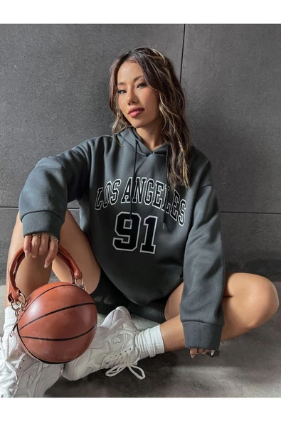 Unisex Los Angeles 91 Baskılı Oversize Kapşonlu Sweatshirt - 12