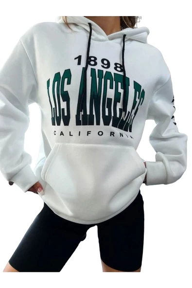 Unisex Beyaz Los Angeles Kol Baskılı Kapşonlu Oversize Sweatshirt