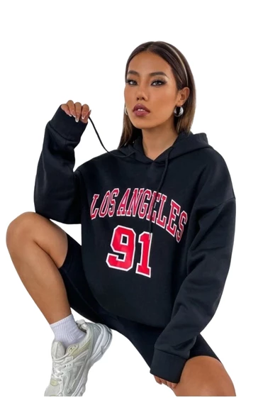 Unisex Los Angeles 91 Baskılı Oversize Kapşonlu Sweatshirt - 3