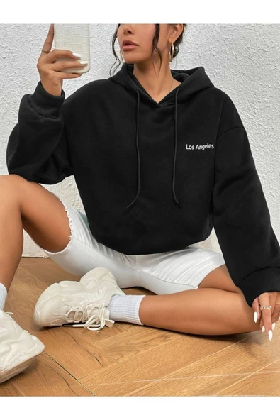 Unisex Los Angeles Baskılı Oversize Kapşonlu Sweatshirt - 4