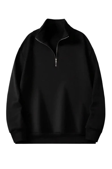 Unisex Dik Yaka Yarım Fermuarlı Oversize Sweatshirt - 5