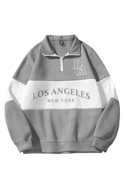 Unisex Los Angeles Baskılı Oversize Parçalı Polo Yaka Fermuarlı Sweatshirt