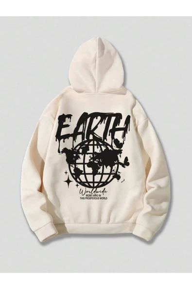 Unisex Earth Baskılı Kapüşonlu Sweatshirt