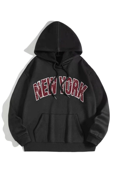 Unisex Siyah Newyork Baskılı Kapşonlu Oversize Sweatshirt