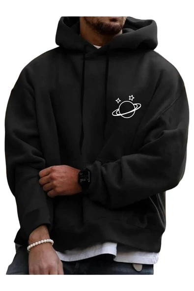 Unisex Siyah Gezegen Baskılı Kapşonlu Oversize Sweatshirt