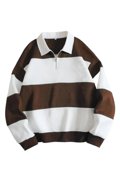 Unisex Çizgili Oversize Polo Yaka Yarım Fermuarlı Sweatshirt - 4
