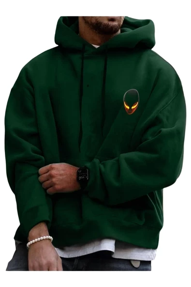 Unisex Yeşil Alien Baskılı Kapşonlu Oversize Sweatshirt - 2