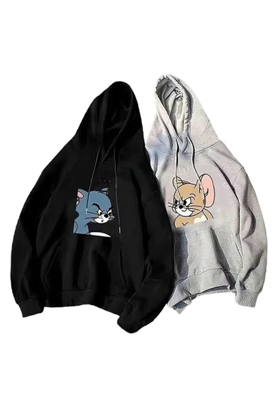 Unisex 2li Siyah Gri Tom Ve Jery Baskılı Oversize Kapüşonlu Sweatshirt