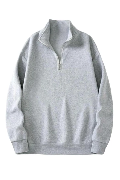 Unisex Dik Yaka Yarım Fermuarlı Oversize Sweatshirt - 3