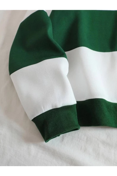 Unisex Çizgili Oversize Polo Yaka Yarım Fermuarlı Sweatshirt - 8