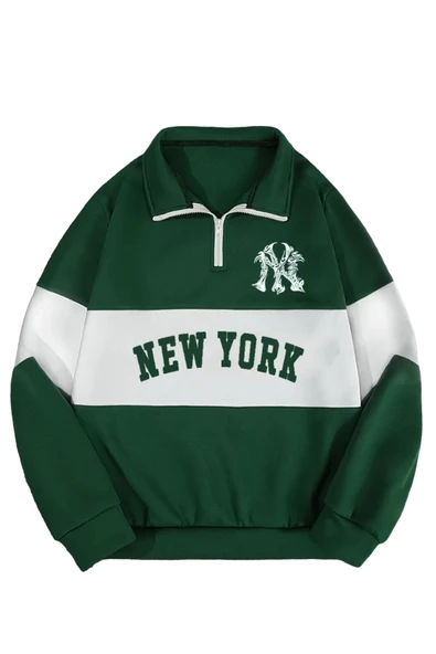 Unisex Yeşil New York Baskılı Oversize Parçalı Polo Yaka Fermuarlı Sweatshirt