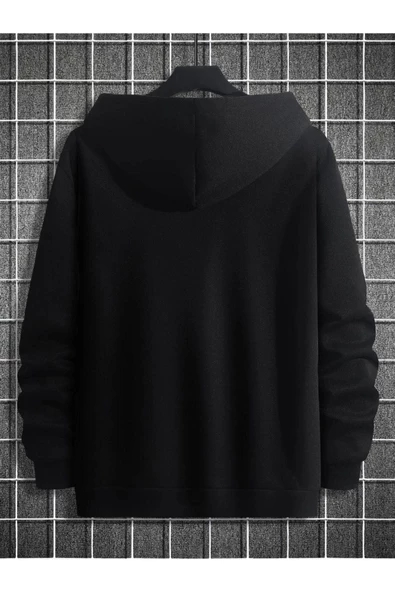 Unisex Göğüs Dikey Baskılı Kapşonlu Oversize Sweatshirt - 6